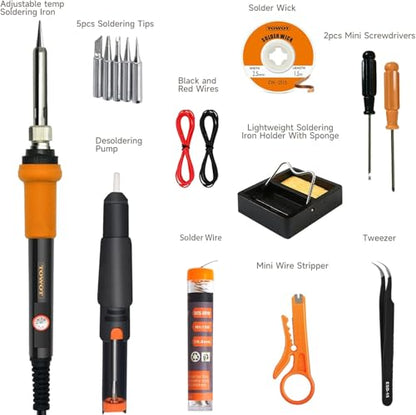 TOWOT Soldering Iron Kit, Electronic Soldering Iron 60W Adjustable Temperature, Deoldering Pump, Tin Wire, Solder Wick, Tweezers, Soldering Iron Tips Set, Soldering Iron Stand, Wire Strippers - style: Set D