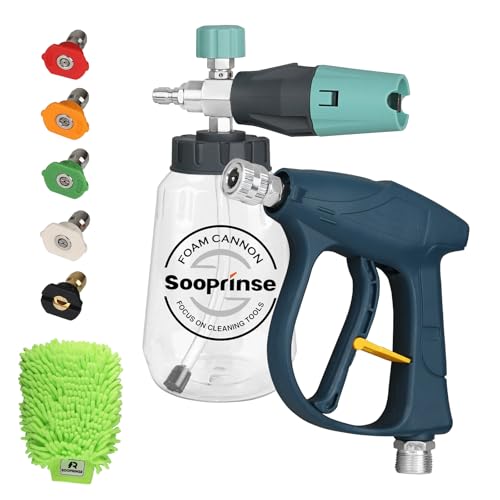 Sooprinse Short Pressure Washer Gun with Foam Cannon, High Pressure Washer Gun Snow Foam Lance with 1/4 Inch Quick Connector, 5 Nozzle Tips with Car Wash Mitt, 3000 PSI, 1 Liter - color: Dark Green + Grey Mint Green