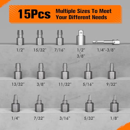 15-Piece Screw Extractor Set, 3/8" Inch Drive Multi-Spline Easy Out Bolt Extractor Kit, Hex Head Stripped Screw Remover Tool for Removing Broken, Rusted, and Stripped Bolts and Screws - size: 15 Pieces