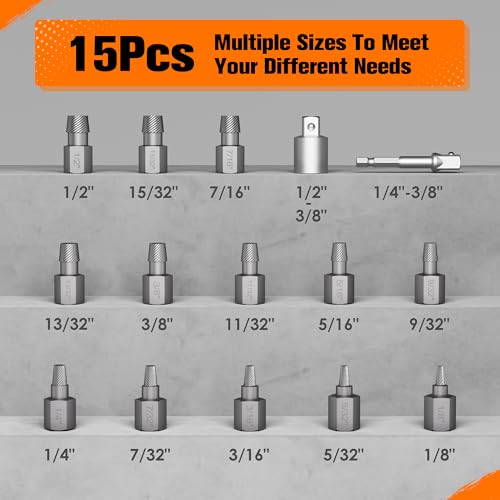 15PCS Screw Extractor Set, 3/8" Drive Bolt Extractor Kit | Multi-Spline Easy Out Hex Head Stripped Screw Remover Tool for Removing Broken, Rusted, and Stripped Bolts and Screws - size: 15 Pieces