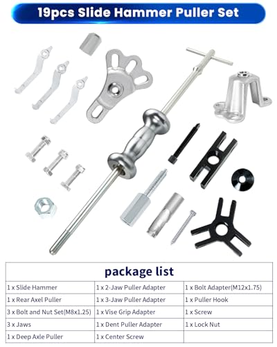 ATPEAM 9-Way Slide Hammer Puller Set | Front Wheel Hub Bearing Remover & Rear Wheel Axle Hub Dent Shaft Puller Tool Kit - size: 19pcs Polished Chrome Finish Slide Hammer