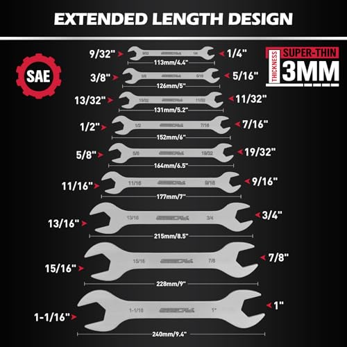 19-Piece Super Thin Open-End Wrench Set, SAE 1/4"-1-1/16" & Metric 5.5–27 mm, 3 mm Thickness Slim Wrench Set for Tight Spaces, Nickel Plated Flat Wrenches with Red & Blue Rolling Storage Pouches - style: 19-Pc MM/SAE (3mm Super Thin)