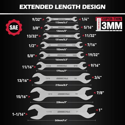 19-Piece Super Thin Open-End Wrench Set, SAE 1/4"-1-1/16" & Metric 5.5–27 mm, 3 mm Thickness Slim Wrench Set for Tight Spaces, Nickel Plated Flat Wrenches with Red & Blue Rolling Storage Pouches - style: 19-Pc MM/SAE (3mm Super Thin)