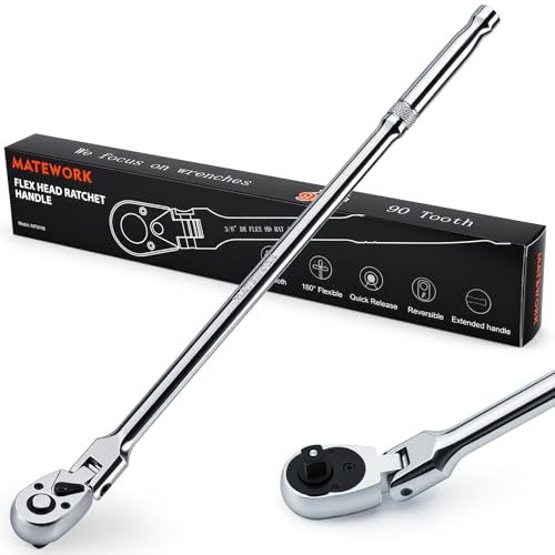 Matework 3/8" Drive Flex Head Ratchet Wrench, 17-Inch 90-Tooth Long Handle Ratchet with Quick Release and Reversible Switch, CR-V Steel, 180° Swivel Head Ratchet for Automotive, Home and DIY Repair - size: 3/8" Dr 90T Flex Head Ratchet