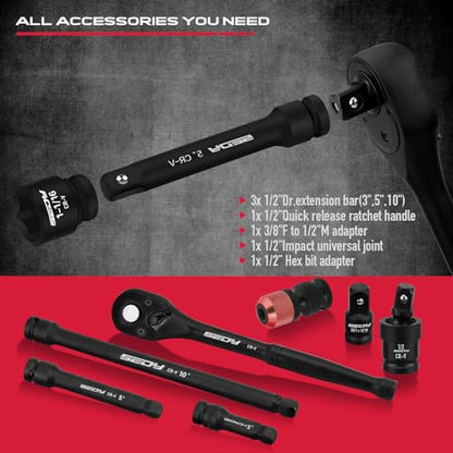 Master 1/2" Drive Impact Socket Set, 67-Piece Standard & Deep Master Impact Socket Set SAE 3/8"-1-1/4" & Metric 8-24mm Socket Set with Ratched Hand, Extension Bar, Reducer, Impact Universal Joint,Cr-V - style: 1/2" | 67-Piece Master Set