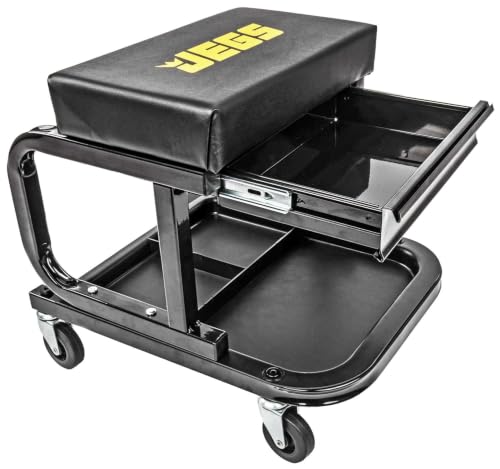 JEGS Creeper and Mechanic Seat Set | Memory Foam Padding | Black Logo | 350 LBS Capacity | 2" Caster Wheels