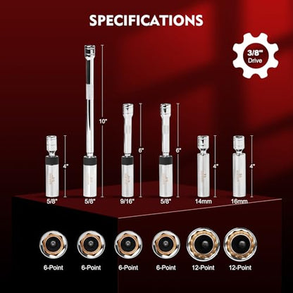 WIILDIS 6 PCS 3/8" Drive Magnetic Swivel Spark Plug Socket Set,Include 9/16-Inch, 5/8-Inch, 14mm, 16mm Socket & 3/8-inch Drive with 6-Point and 12-Point, CR-V - size: 6 PCS