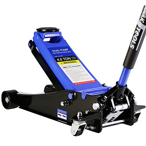 4T Low Profile Steel Floor Jack, 8000 lb, Dual Pump, 4"-21" Lift | Heavy-duty steel, dual-piston quick lift, low profile, 4"-21" range, overload safety protection. - size: 4T Dual Pump 4"-21"
