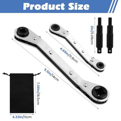 HVAC Service Wrench Tool Set, 2 Air Conditioner Valve Ratchet Wrench | 3/16" to 3/8" & 5/16" x 1/4", Hvac Valve Wrench with Quick-Reverse Lever, 2 Adapters, Fits AC and Refrigeration Equipment