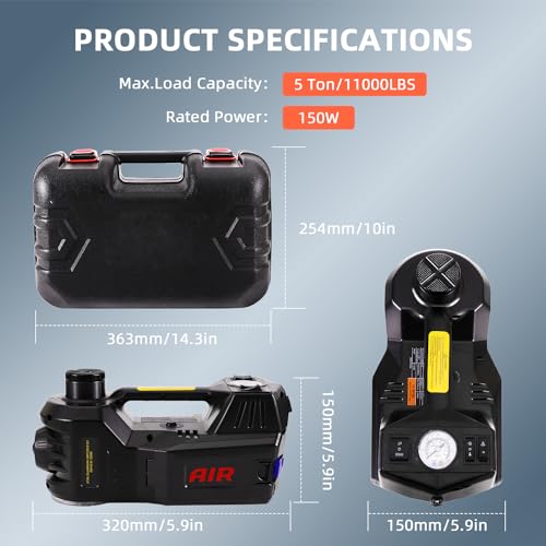 Electric Car Jack Kit 5 Ton 12V Portable Hydraulic Floor Jack with Impact Wrench and Inflatable Pump for SUV Car Tire Change Emergency Repair Kit with LED Light - color: Black+Red Wrench