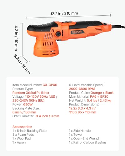 VEVOR Car Buffer Polisher, 6-Inch Dual Action Polisher Buffer Waxer, 650W 6 Variable Speeds 2000-6800RPM Random Orbital Polisher Kit for Cars Detailing, Waxing, Polishing - size: 6"