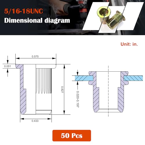 Rivet Nut, Ktehloy 50Pcs 5/16"-18UNC Carbon Steel Flat Head Rivnut Threaded Insert Nut, Zinc Plated Carbon Steel Nut Inserts, Knurled Body (5/16"-18) - size: 5/16"-18 - 50 Pcs