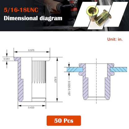 Rivet Nut, Ktehloy 50Pcs 5/16"-18UNC Carbon Steel Flat Head Rivnut Threaded Insert Nut, Zinc Plated Carbon Steel Nut Inserts, Knurled Body (5/16"-18) - size: 5/16"-18 - 50 Pcs