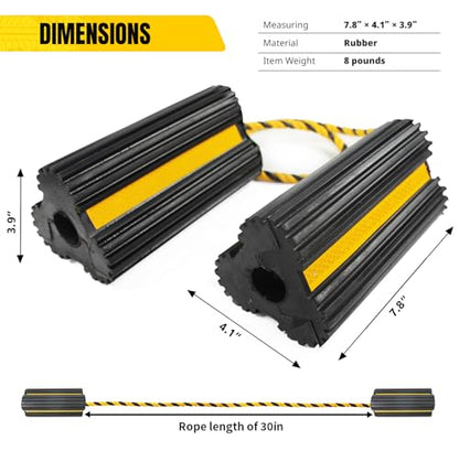 MAXXHAUL 51244 Solid Rubber Wheel Chock, 4 Pack, Heavy Duty with Nylon Rope, Yellow Reflective Tape, 7.8x4.1x3.9 Inch, for RV Trailer Truck Car