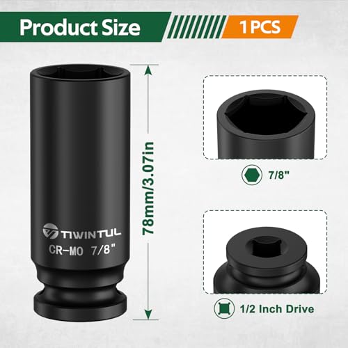 7/8" Deep Impact Socket 1/2 Inch Drive for SUVs & Trailers | CR-MO Steel Impact Socket, 3.07" Length, 6 Point, SAE Size Socket for Automotive and Agricultural Equipment Maintenance - size: 7/8" (Deep)