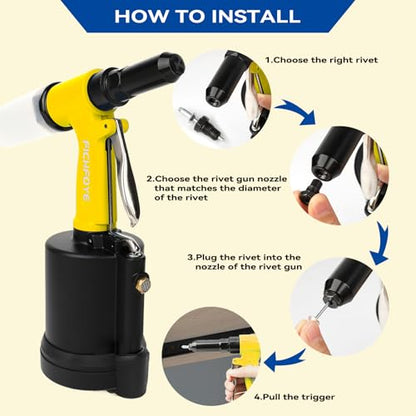 Heavy Duty Pneumatic Rivet Gun, 4000lbf Rivet Gun Set- 3/32", 1/8", 5/32", 3/16", 1/4" Air Riveter with NPT 1/4 inch for Automotive, Construction, Manufacturing Industries,Yellow - color: Yellow, size: 5 Nozzles