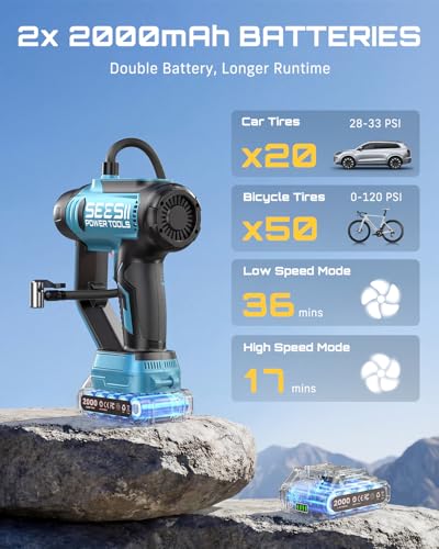SEESII Cordless Tire Inflator Portable Air Compressor 150PSI Fast Air Pump | 21V Inflation Handheld with 20000Pa Vacuum, Dual Rechargeable Battery, Auto Shut Off, Digital Gauge, LED Light for Car,Truck