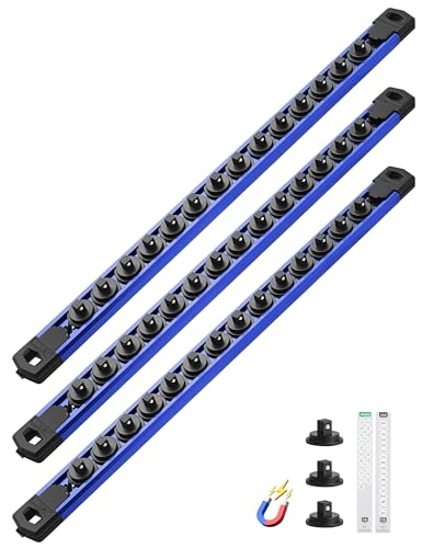 ALOANES Magnetic Socket Organizer Set, 3-Piece Heavy Duty Aluminum Socket Rails, 360° Swivel Clips Socket Rail Kit for Tool Tray Drawer Fit 1/4-Inch x 42 Clips (Blue, 3PC) - color: Blue, size: 3PC, 1/4-Inch Drive