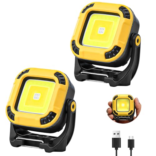 2 Pack Rechargeable Magnetic Work Light, 1100 LM Portable Light | LED Work Light, IP65 Waterproof, Hook, Magnetic Light for Mechanics, Car Repair, Emergency, Compact, 1200mAh(Yellow) - color: Yellow, size: 2 Pack