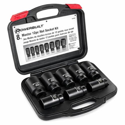 Powerbuilt 8 Piece 1/2-in. Drive Impact Rated Metric Axle Nut Socket Set 12 Point, 29mm-39mm, Heavy Duty Storage Case - 647752 - style: Axle Nut
