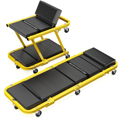 Auto Dynasty 48" Z-Creeper Seat, 2-in-1 Foldable Garage Rolling Creeper Shop Seat, 330 LBS Capacity Automotive Mechanic Under Car Repair Tool, Yellow - color: Yellow, size: 48 Inch
