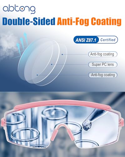 Safety Glasses Over Eyeglasses — ANSI Z87.1 Certified Clear Safety Goggles with UV380 Anti-Fog & Scratch Wraparound Lenses & Adjustable Temples — Ideal for Chemistry Lab Work & Industrial Use - color: Light Pink