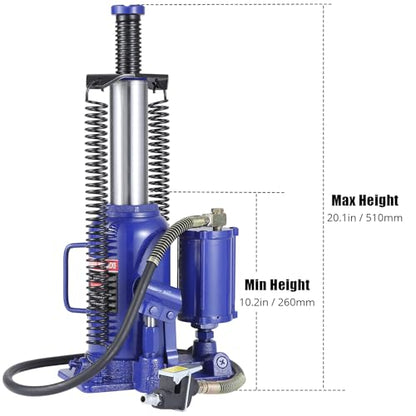 Heavy Duty 20 Ton Pneumatic & Hydraulic Air Bottle Jack – Quick Lift, Manual Hand Pump, 10.24"-20.08" Lifting Range – Car Truck SUV RV Trailer Repair – in-line Cylinder, High Size