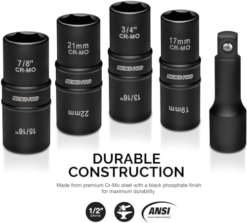 NEIKO 02282B 1/2-Inch-Drive Impact Socket Set, Flip Socket Set, Chrome Moly Steel, Includes 3-Inch Bar Extension, 8 Deep SAE and Metric Sizes, 5 Pieces - size: 5 Piece, style: Flip Socket