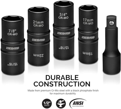 NEIKO 02282B 1/2-Inch-Drive Impact Socket Set, Flip Socket Set, Chrome Moly Steel, Includes 3-Inch Bar Extension, 8 Deep SAE and Metric Sizes, 5 Pieces - size: 5 Piece, style: Flip Socket