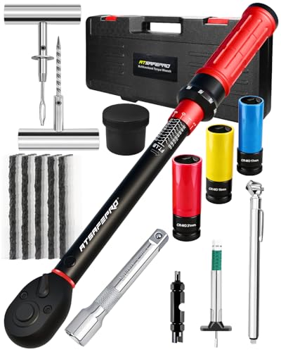 ATsafepro 1/2" Drive Torque Wrench Set, 10-170 ft-lb ±3% Accuracy, 72-Tooth Click Torque Wrench with 17/19/21mm Lug Nut Sockets, Extension Bar, Tire Pressure Gauge & 20pcs Flat Tire Repair Kit for Car