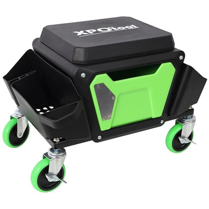Anwick Mechanic Stool Seat Chair with Wheels, Heavy Duty Rolling Garage Stool with Soft Rubber Cushion Seating and Drawer, 330 LBS Capacity, Rolling Tool Seat for Shop, Auto Repair (Green+Black) - color: Green+black