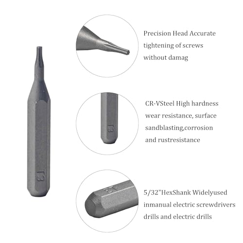 10Pcs Torx Head Screwdriver Bit Set, S2 Steel Magnetic Star Bits, 5/32" Hex Shank, Tamper Resistant, Impact Grade for Drill, Power Driver, Electronics, Home & Automotive Repair(T3) - size: T3