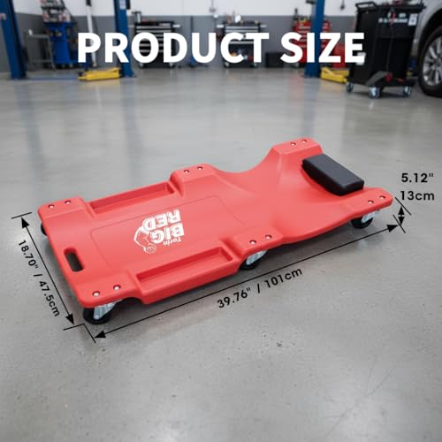 Big RED Plastic Rolling Garage/Shop Creeper: 40" Mechanic Cart with Padded Headrest, Dual Tool Trays and 6 Casters