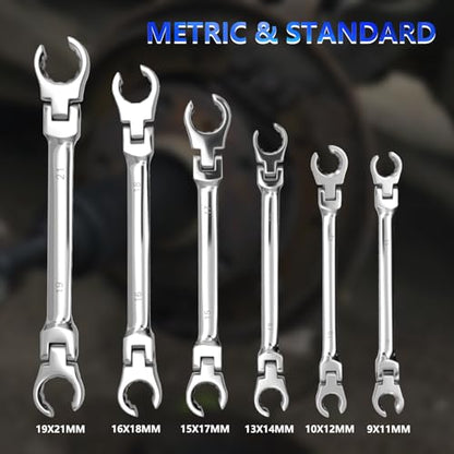 ZKTOOL 6PCS Double Open Movable Head Flexible Flare Nut Wrench Set, Metric Wrench Set 9-21mm, 180 Degree Rotating Head,Applicable to 6PT & 12PT, Kit For Most Of Compression Joint Fittingmovable