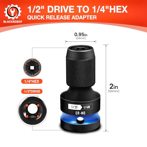 BLACKROBOT Quick Release Impact Bit Holders 1/2-Inch Square Drive to 1/4-Inch Hex Socket Adapter, CR-MO Steel, Blue - size: 1/2 Impact Bit Holder-1