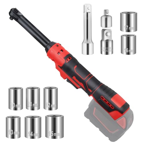 Cordless Ratchet Compatible with Milwaukee 18V Battery, 3/8" Electric Ratchet 18V Ratchet Wrench 74Ft-Lbs with Reinforced 6.3 inch Head, 1/2" and 1/4" Adapter, 3" Extension Bar (11 ‎Accessories) - color: Red