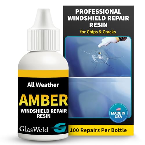 GlasWeld Windshield Repair Resin – Liquid Auto Windshield Chip Repair Kit for Glass Crack & Damage – Amber Tint for Reduced Visibility – All-Weather Liquid Resin with Zoom Injector & UV Curing Lights - color: Amber - All Weather