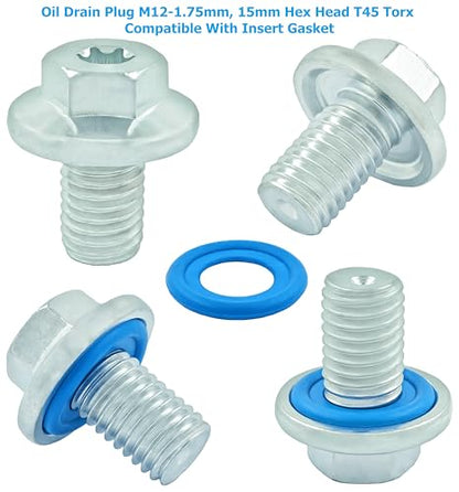 5PCS Oil Drain Plug M12-1.75, 15mm Hex Head T45 Torx Compatible with Insert Gasket, More 5PCS Gasket, fit for GMC, Buick, Cadillac, Chevrolet, Replace GM 55577568, 090-948, 090-948CD, 11519933