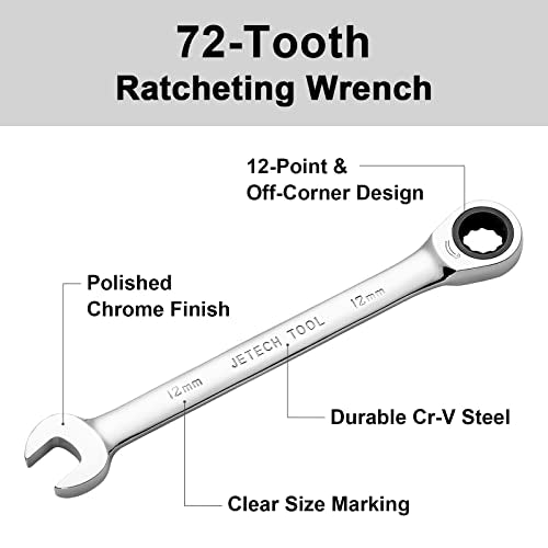 Jetech 12mm Ratchet Wrench, Ratcheting Combination Wrench Metric, Industrial Grade Gear Spanner with 12-Point Design, 72-Tooth Ratchet, Chrome Vanadium Steel for Auto & DIY Repair - size: 12mm