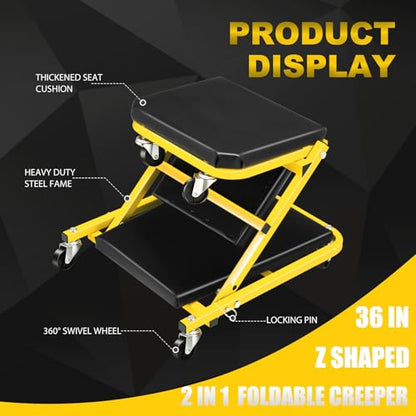 Low Profile Creeper with 6 Swivel Casters and Waterproof Seat Cushion, 36" Foldable Creeper for Garage Shop Warehouse, 2 in 1 Under Car Creeper Seat 330lbs Max Weight Capacity, Yellow