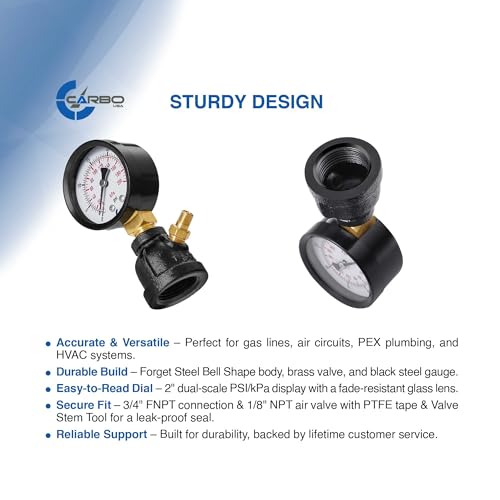 Gas Test Pressure Gauge 60 Pound, 60 PSI / 400 kPa, 3/4” FNPT Connection, Brass Valve, Forged Steel Bell Shape Body Assembly. - size: 3/4" FNPT 0-60 psi, style: Steel Black