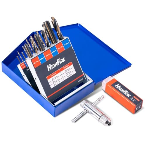 HIGHFIRE 18-Piece Metric Drill and Tap Set with 1 Piece T-Handle Ratchet, Black and Gold Premium HSS Jobber Length Drill Bits and Hand Plug Taps with Metal Indexed Box - size: 18PCS metric