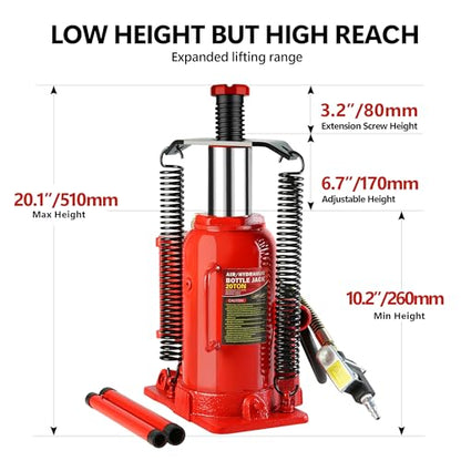 20 Ton Air Hydraulic Bottle Jack, Pneumatic All Welded Bottle Jack, 10.2-20.1 inch Lifting Range, with Manual Hand Pump & Handle,Heavy Duty Auto Truck Travel Trailer Repair Lift, Red,40,000LBS - color: Red, size: 20 Ton