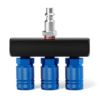 TAISHER 3-Way Straight Air Manifold 4 Ports Aluminum Industrial Pneumatic Air Compressor Quick Connect Socket In Line Type Air Hose Splitter with 3 Couplers and 1/4" Male NPT Plug