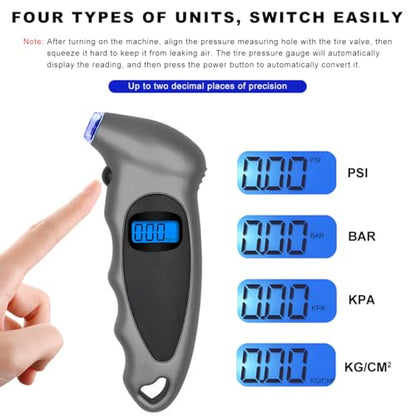 Digital Tire Pressure Gauge, 150PSI 4 Settings High Accuracy Tire Gauge with Backlit LCD and Non-Slip Grip, Easy to Read Air Pressure Gauge for Cars, Trucks and Bicycles (Gray) - color: Gray