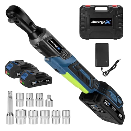 AwxryoX 3/8" Cordless Ratchet Wrench, 120N.m (89 FT-LBS) 21V Brushless Power Ratchet Driver, Electric Ratchet Tool, 2×2.0Ah Batteries, 300RPM Variable Speed, 8 Sockets, 1/4" Adapter & 3" Extension Bar
