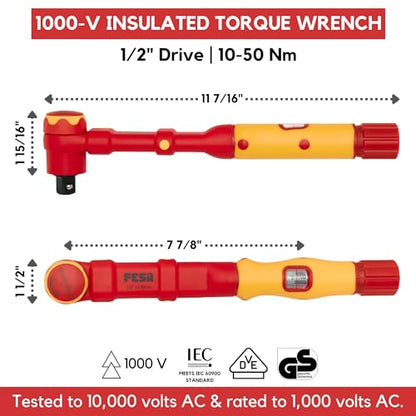 FESA Electrician Insulated Torque Wrench - (1/2" Drive, 10-50 Nm Range) | 1000V Wrench w/Easy Torque Adjustment & Scale Display - Each Insulated Wrench Has ID for Traceability - style: 1/2" Drive, 10-50 Nm Range