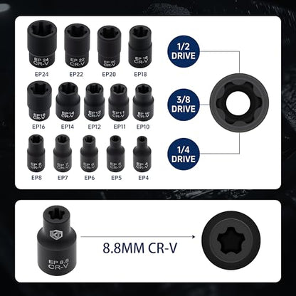 15pc External Torx Plus Socket Set Compatible with Tesla, 6 Point EP Sockets EP4, EP5, EP6, EP7, EP8, EP10, EP11, EP12, EP14, EP16, EP18, EP20, EP22, EP24 with 1/2'' 3/8'' 1/4'', Black - color: Black
