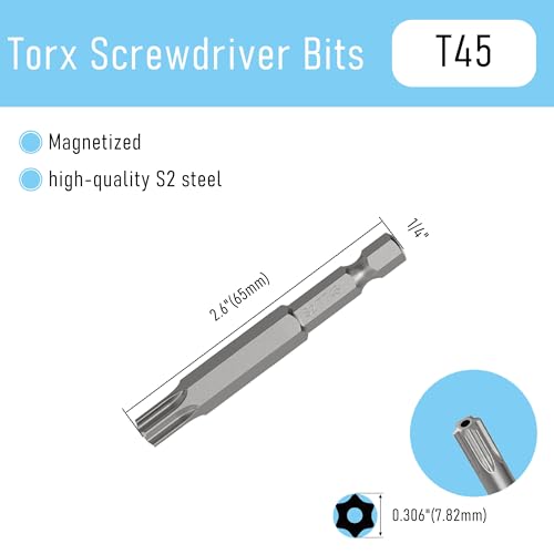 5PCS T45 Magnetic Tamper Proof Torx Screwdriver Bits, 1/4 Inch Hex Shank 2.6 Inch Length S2 Steel Security Drill Torx Head Drill Screw Driver Tools(65mm Long, Star 6 Point) - size: T45