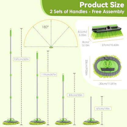 2 Pack Car Wash Brush with 62" Long Handle for Exterior Truck, RV, Boat | Microfiber Car Wash Mop and Car Washing Brush Combo, Soft Bristle Cleaning Brush, Rubber Squeegee, Car Cleaning Kit for Home